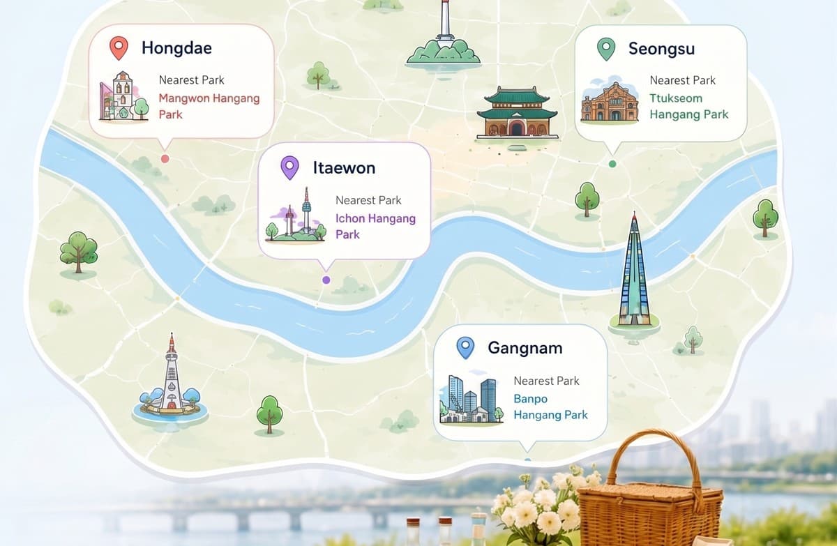 An illustrated map of Seoul showing Hongdae, Itaewon, Seongsu, and Gangnam each connected to their nearest Han River park, with a real picnic set up in the foreground