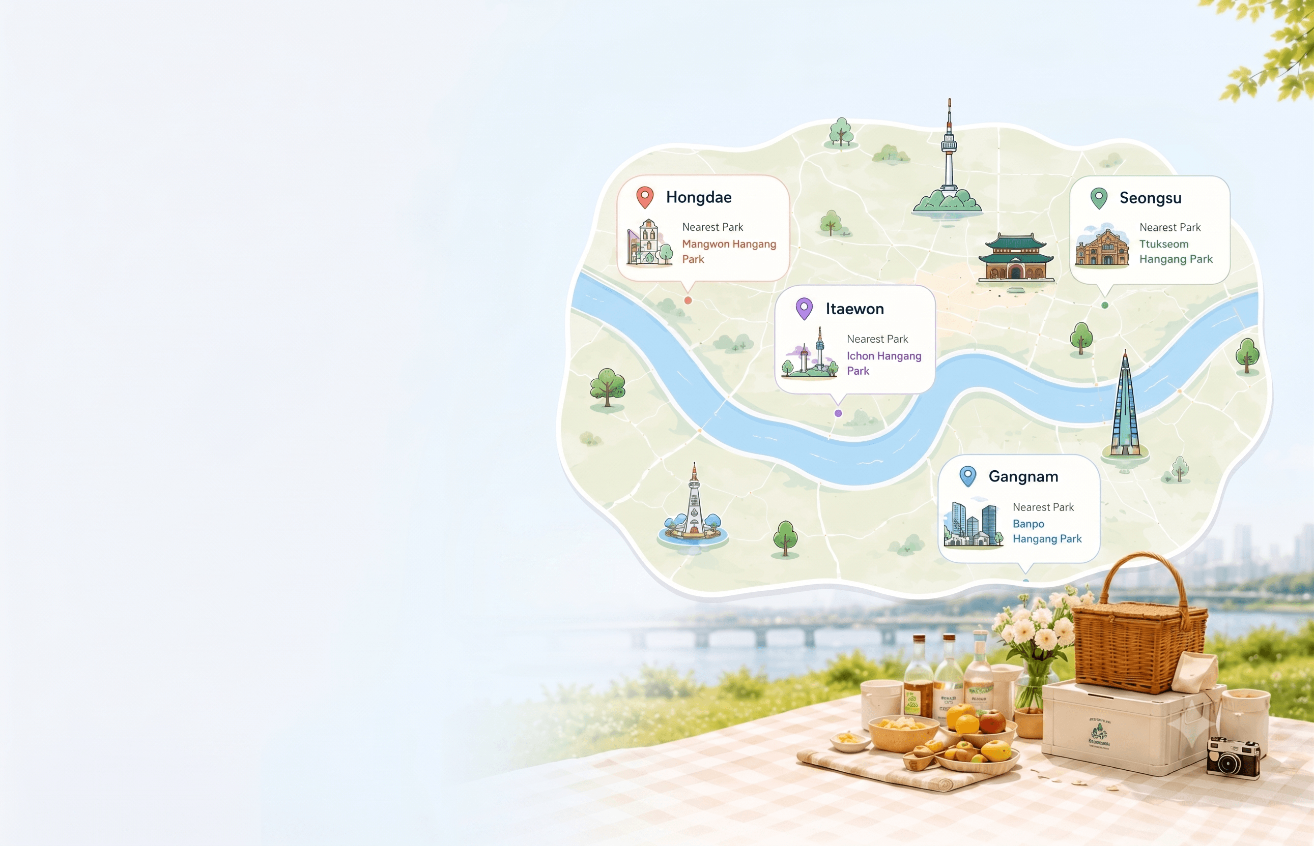 An illustrated map of Seoul showing Hongdae, Itaewon, Seongsu, and Gangnam each connected to their nearest Han River park, with a real picnic set up in the foreground