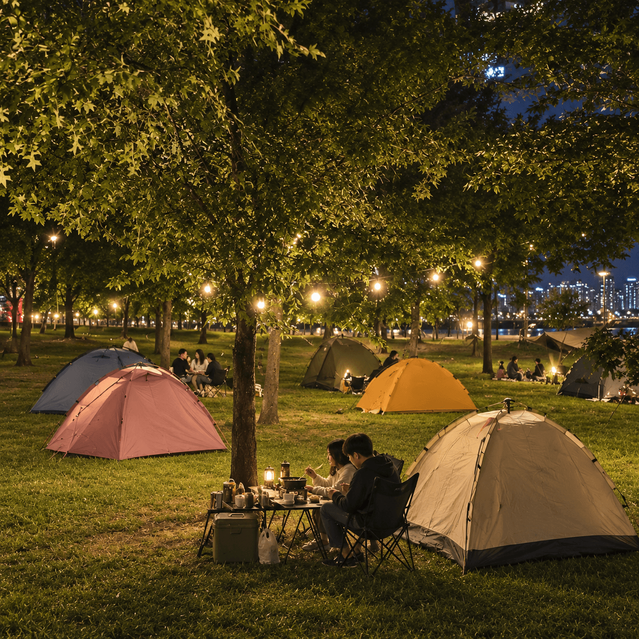 Nighttime picnic lights beneath trees at Ttukseom Hangang Park