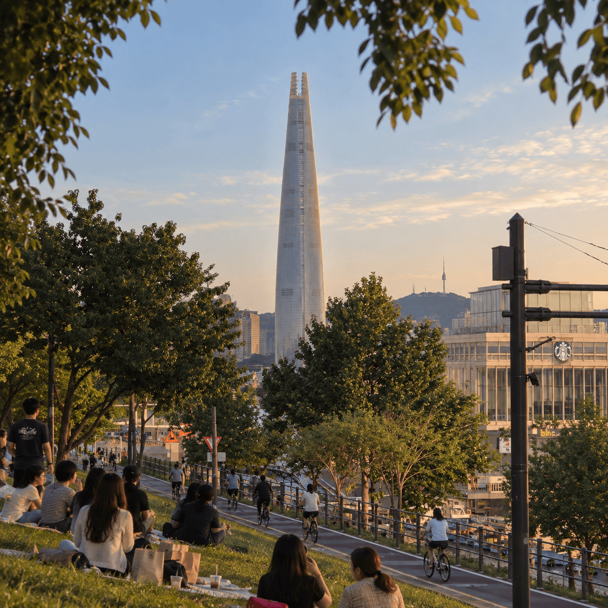 People relaxing beside the Ttukseom bike path at golden hour